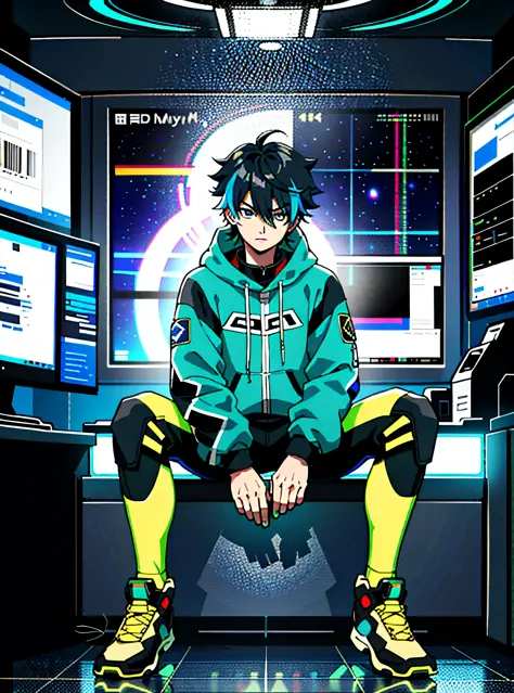 hacker boy, extremely detailed, sitting, menacing, (grainy: 0.5), serious, window, space station, multicolored lights, messy hai...