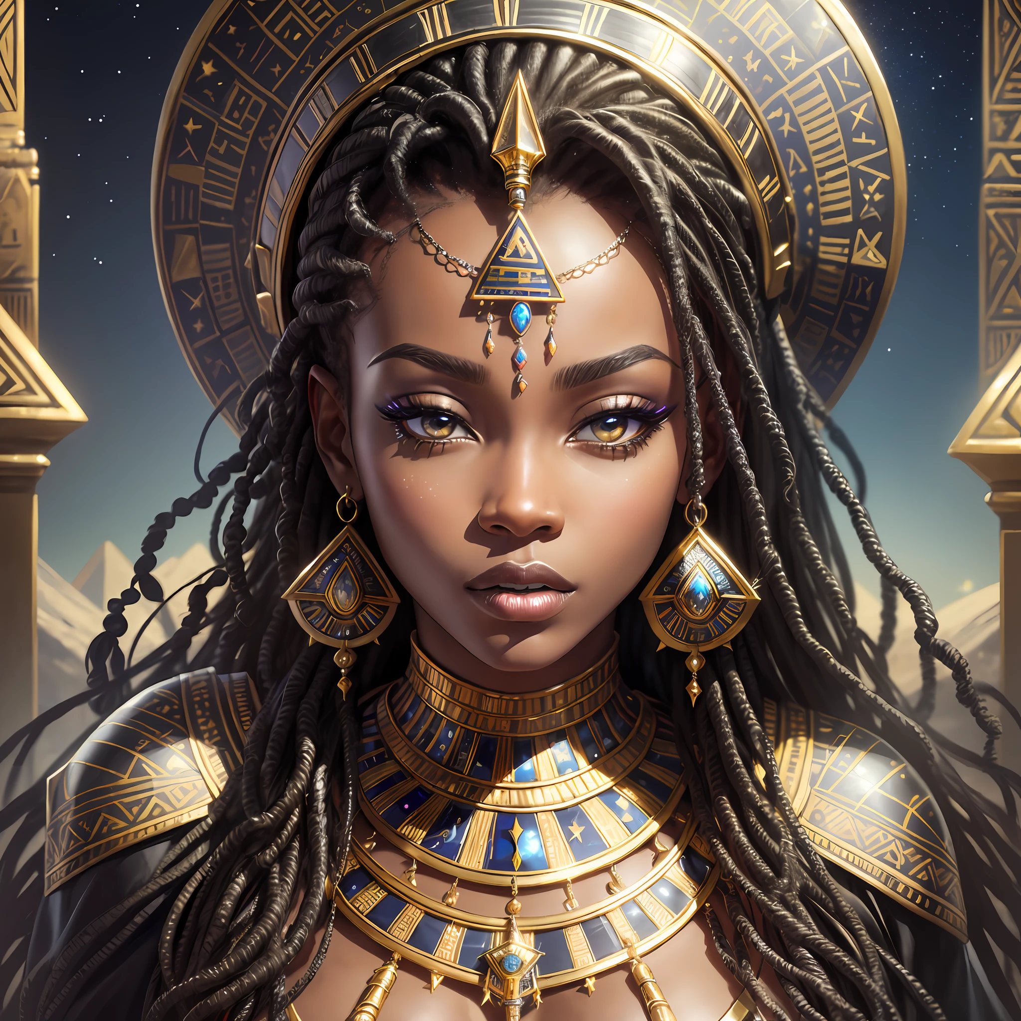 Realistic skin, (((masterpiece)))), realistic clothes, black and silver clothing, lips, eyes, face up close, African Queen, futuristic Egyptian clothes, pyramids with neon, night listen, realistic sky, stars, woman with dreads, gold, jewelry, sitting on a throne full of jewels