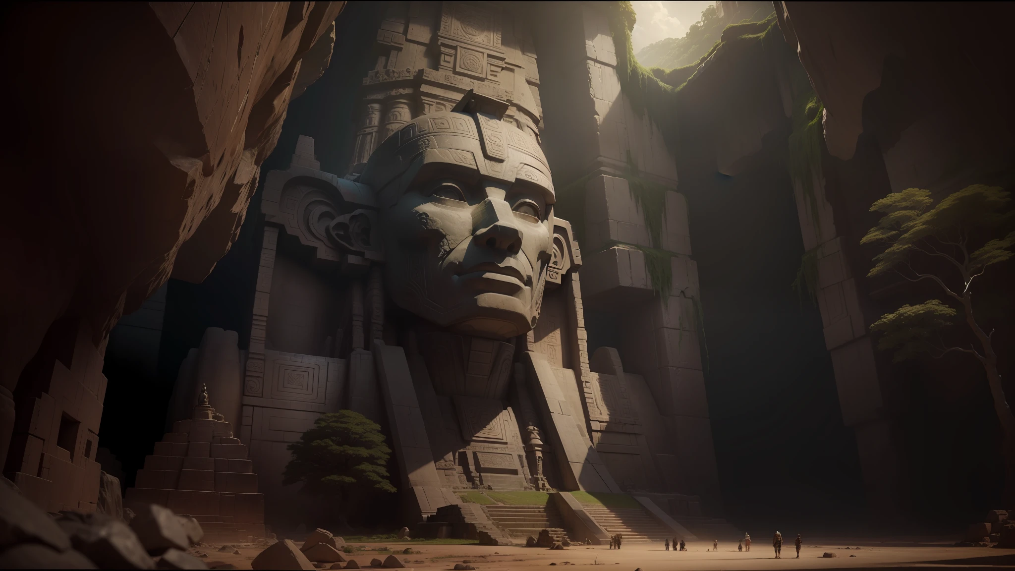 there is a large statue of a man in a cave, stone eyes, large titan creature in the center, mayan temple in the jungle, 3 ds max + vray, ruin, ps 3, anime keyframe, moai, by Yoshiyuki Tomino, photo 1920s archaeological, cgsociety cinematic, the sphinx, myst island, vegetation-surrounded pyramid --auto --s2