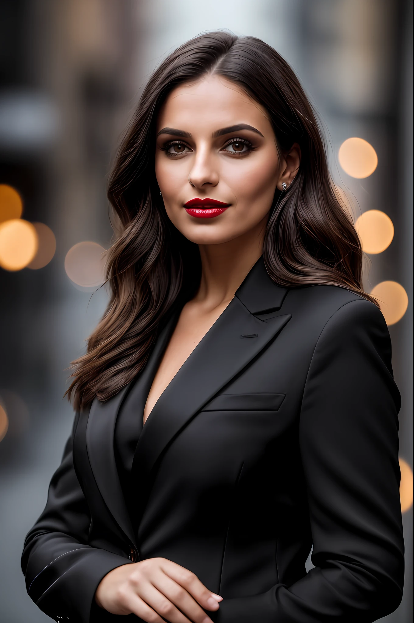 dark and gloomy, 8k, closeup photo of a 30-year-old brunette Brazilian businesswoman dark background at night, (realistic dark brown hair straight and with light waves) , makeup, red lips, brown eyes, (wearing black chanel tailoring blazer, black silk blouse and black straight tailoring pants), looking confidently, hyper realistic, {a girl with extremely beautiful olive skin},  (highly detailed skin: 1.2) {{{masterpiece}}}, realistic texture, dynamic composition, Fujifilm XT2, 85mm F1.2, shutter speed 1/80, (bokeh), high contrast
