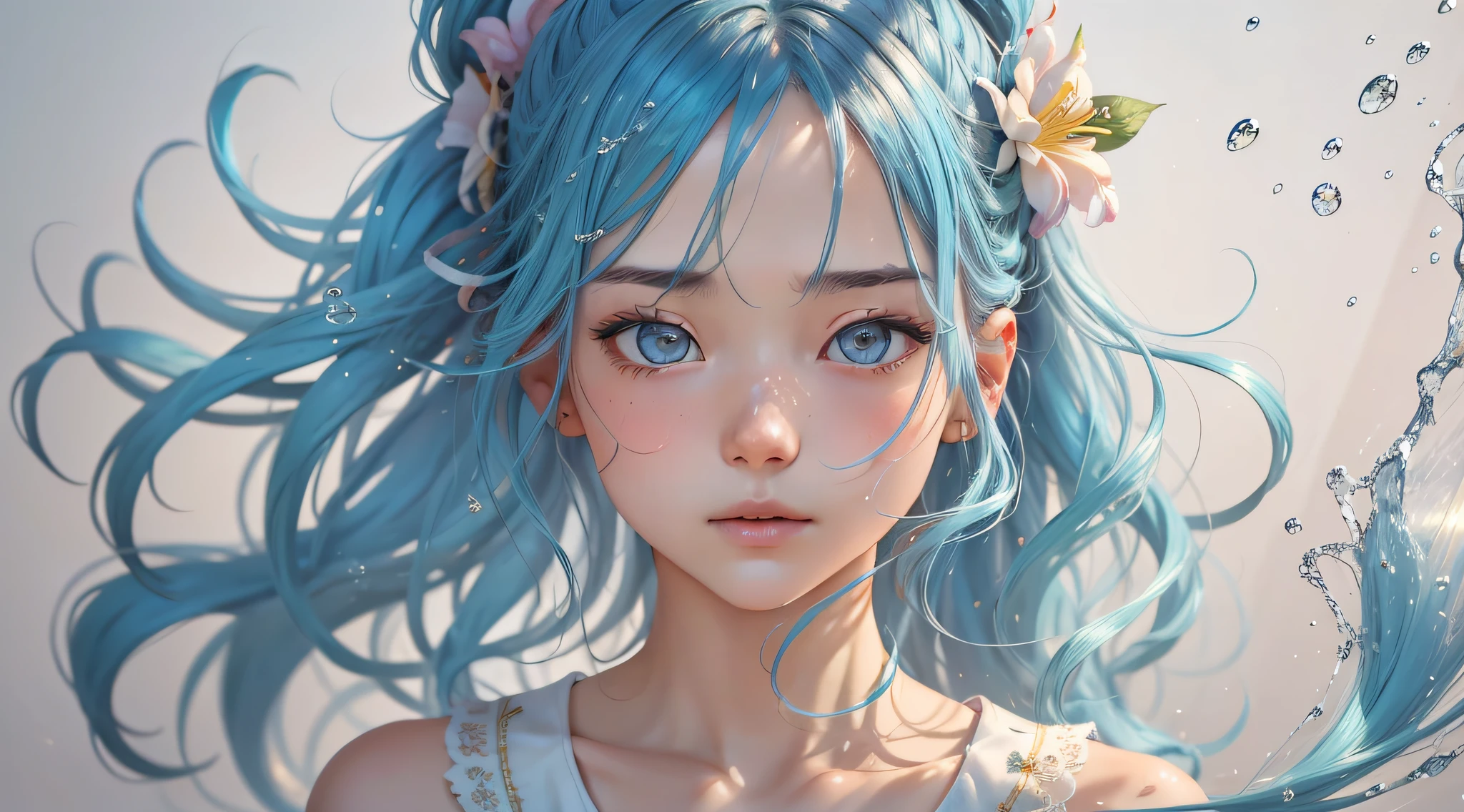 (masterpiece), (best quality), (ultra detailed),(disheveled hair),(illustration), (1girl), (Fashionable clothing), standing, Fashion model, looking at viewer, (interview), (simple background),beautiful detailed eyes, delicate beautiful face, Floating,(high saturation),(colorful splashes),colorful bubble,(shining), focus on face,  ponytail, kamisato ayaka, light blue hair, bangs, hair ring, floating flowers, floating hairs, (shining), best lighting, best shadow,