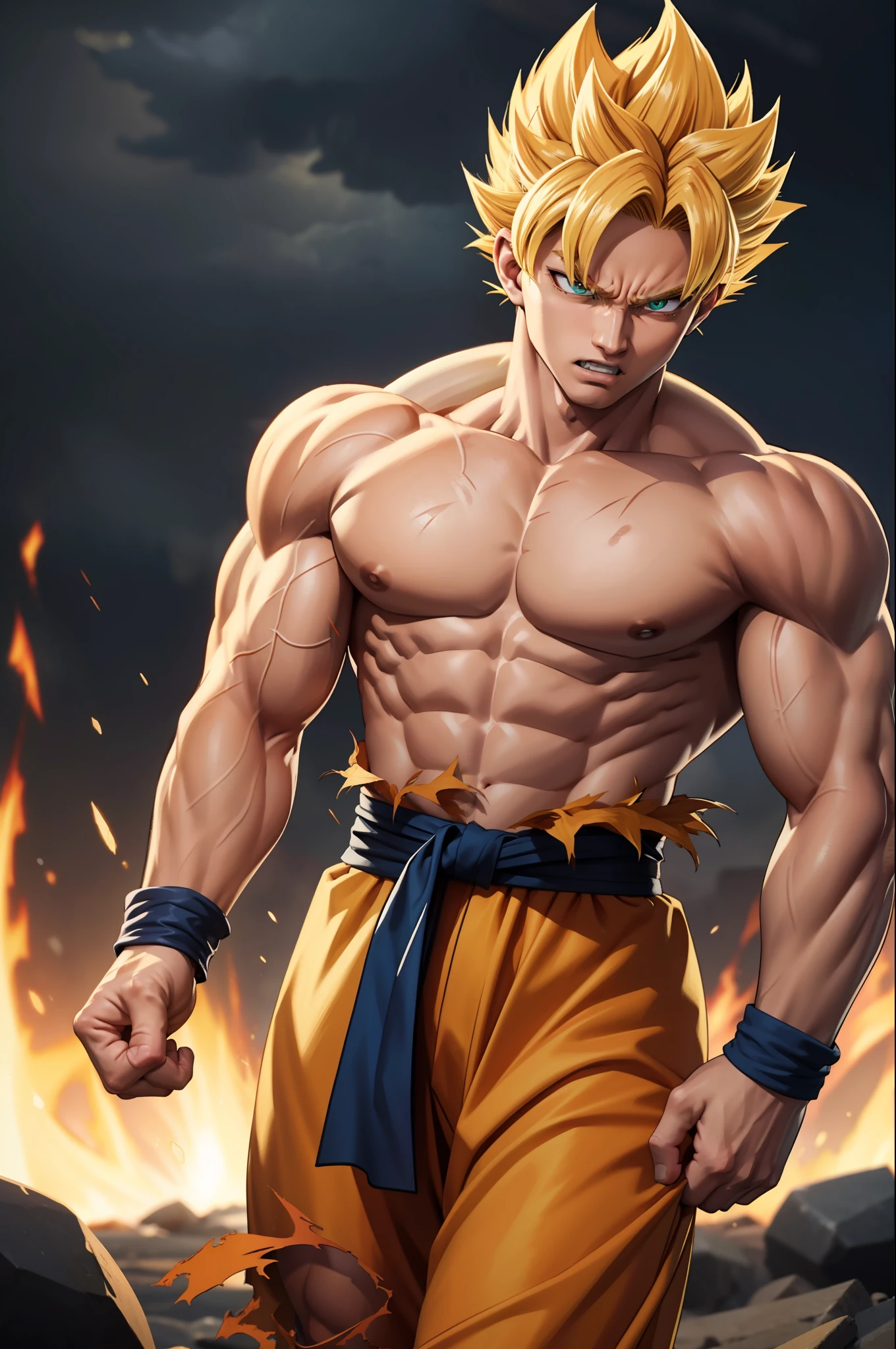 (masterpiece, best quality), intricate details, 8k, artstation, wallpaper, official art, splash art, storm in background, sharp focus, 1boy, (photorealistic:1.2) (bokeh) (detailed skin:1.3) (detailed eyes) son goku, angry, battle damage, blonde hair, blue sash, clenched teeth, furious, green eyes, male focus, muscular, pectorals, sash, solo, spiked hair, super saiyan 1, teeth, topless male, torn clothes, wristband,