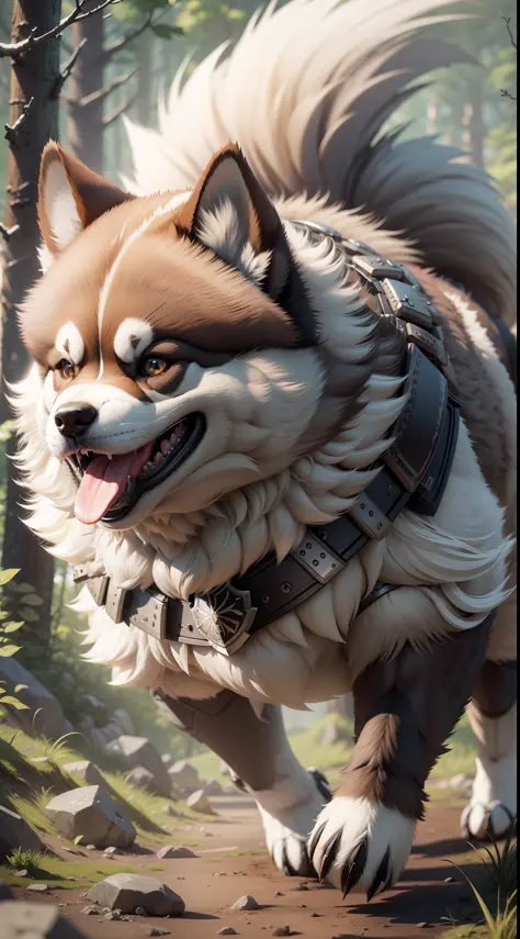 Super cute fluffy Akita Inu in armor, realistic, 4K, super detailed, vray rendering, unreal engine, midjourneyart style, gray coat, chubby, dynamic pose, forest background, small, attack, long and fluffy tail