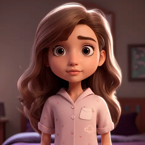 "Victoria" a closeup of a cartoon girl with long hair, brown eyes and a pink pajamas, spilled look :: octane render, Arnold Maya render, rendered in crown, rendered in arnold, soft portrait shot 8 k, cute 3 d render, 3 d render stylized, 8k portrait render...