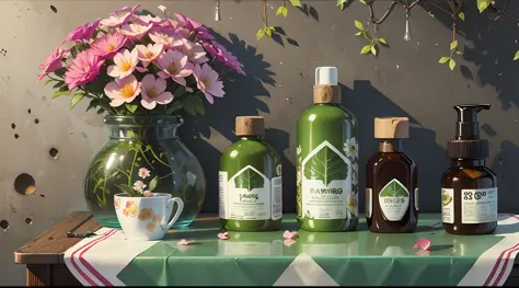 Tubes and boxes of hair dye stand on the table, surrounded by lying flowers and leaves, against the background of a plain wall, product presentation --auto --s2