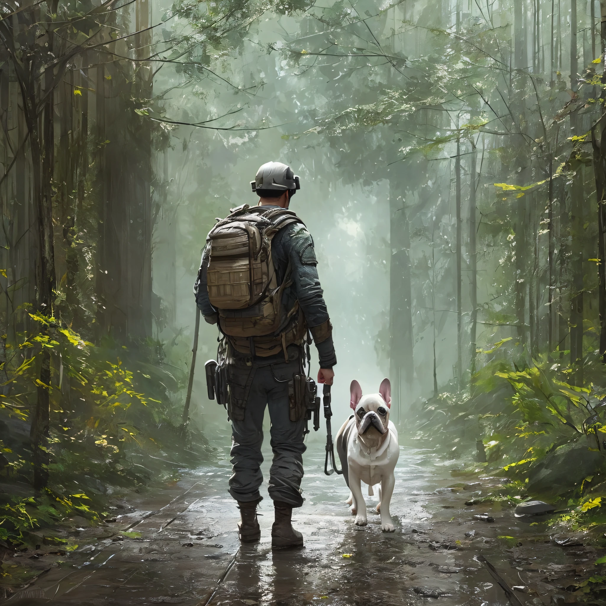 (masterpiece) Highly detailed RAW, a man walking a white, post-apocalyptic French bulldog dog with a backpack is walking down a clear alley in a leafy and long forest, at the end of the way a strong white light shaped ball, hassanfantasy style, by Jeremy Mann and Donato Giancola ultra realistic highly detailed intricate photorealistic --auto --s2