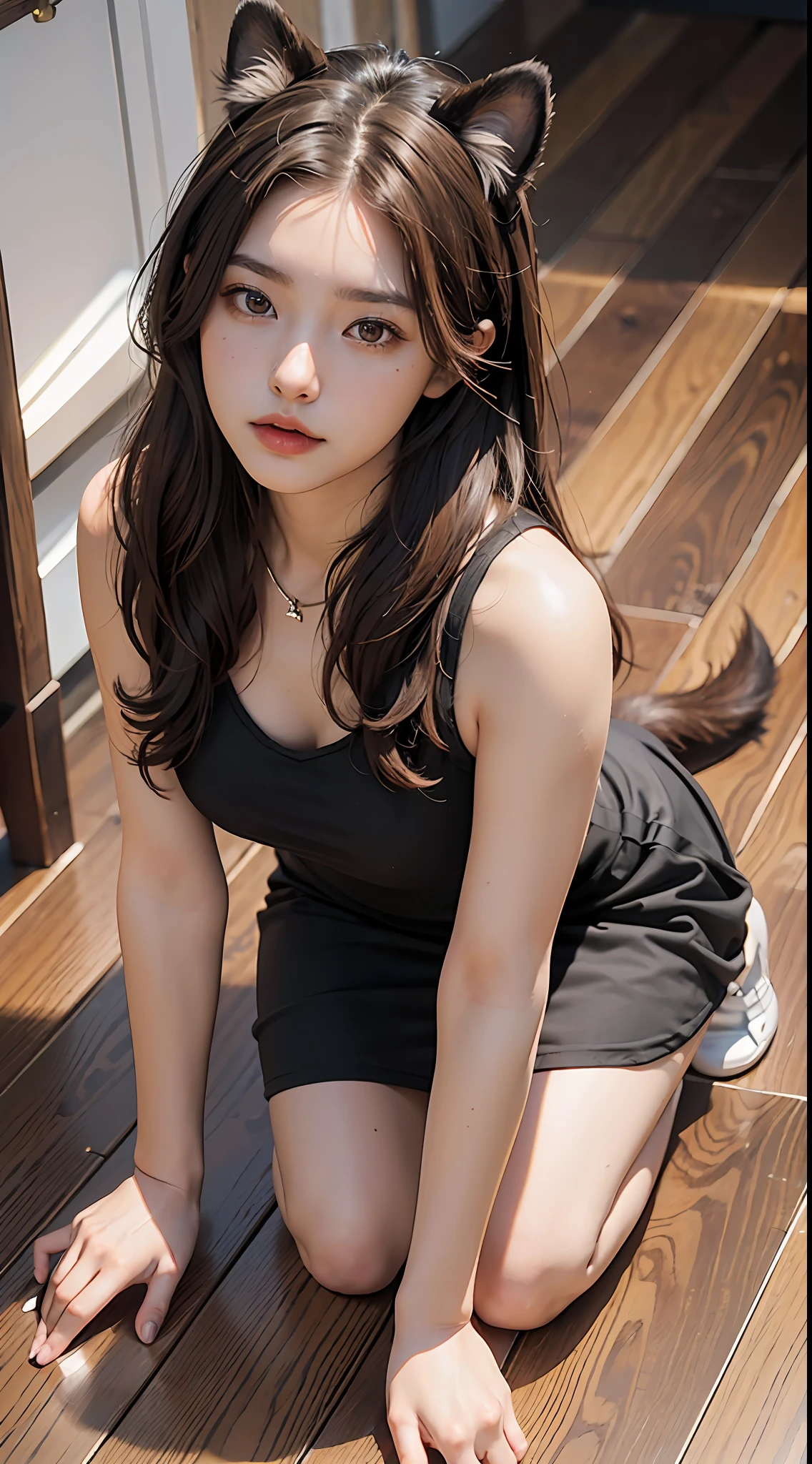 Superior Quality, Masterpiece, Ultra High Resolution, (Photorealistic: 1.4), Raw Photo, dog girl, brown hair, brown eyes, dog ear, dog tail, kneeling, on the floor, wooden floor