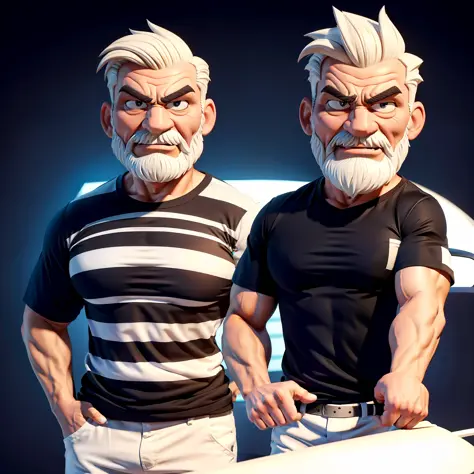 Create an 8K cartoon drawing of a full-length, well-muscled, angry old man in a black white-striped shirt. Make sure the resulti...
