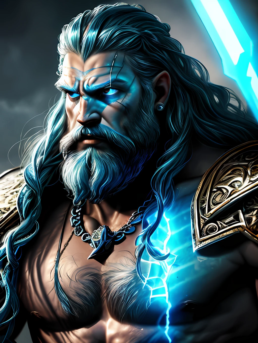 A close up photo of the God Poseidon with a chain around his neck (glowing blue chain:1.2) (in hand:1.2), fantasy art, avatar image, profile picture 1024px, viking and templar aesthetics, adorned with precious stones, cg artist, ultra detailed portrait, struggling to remain relevant in age-old battles, screaming, (hairy man:1.2), realistic motion action photo, (((hdr))), hyperdetailed, cinematic, cool lights, intricate details, muscle, perspective view, UHD, k, unreal.