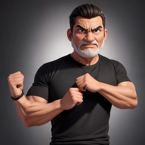 Create an 8K cartoon of a full-fledged, crossed-arm, well-muscled and angry old man in a black shirt striped in white. Make sure...