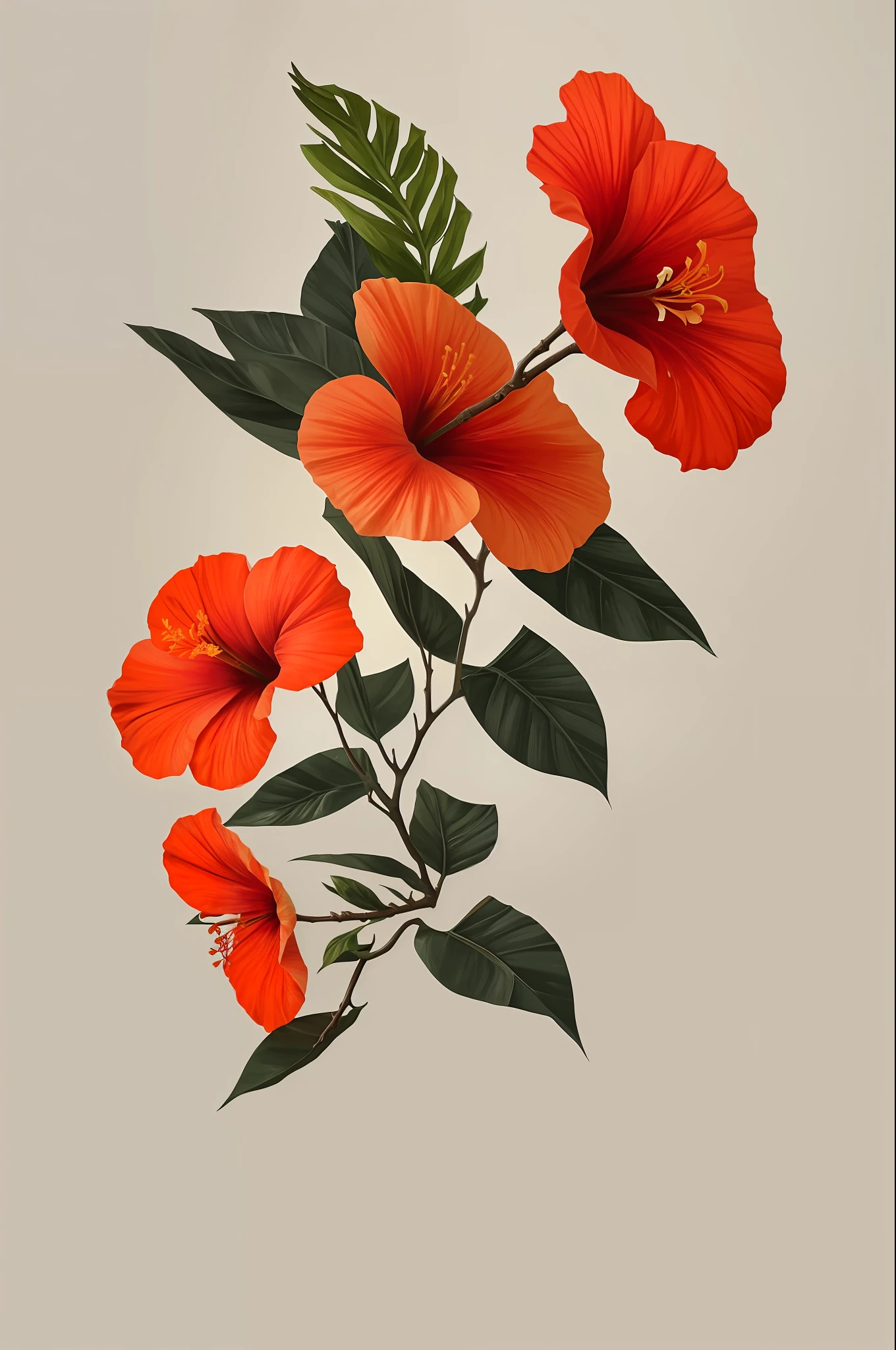 flor de hibisco florescendo em um galho retorcido contra um fundo cinza, fundo simples, no estilo laranja claro e bege claro, imagens minimalistas, instalações fotográficas, paleocore, verde e carmesim, hiper-realista, intimidade poética