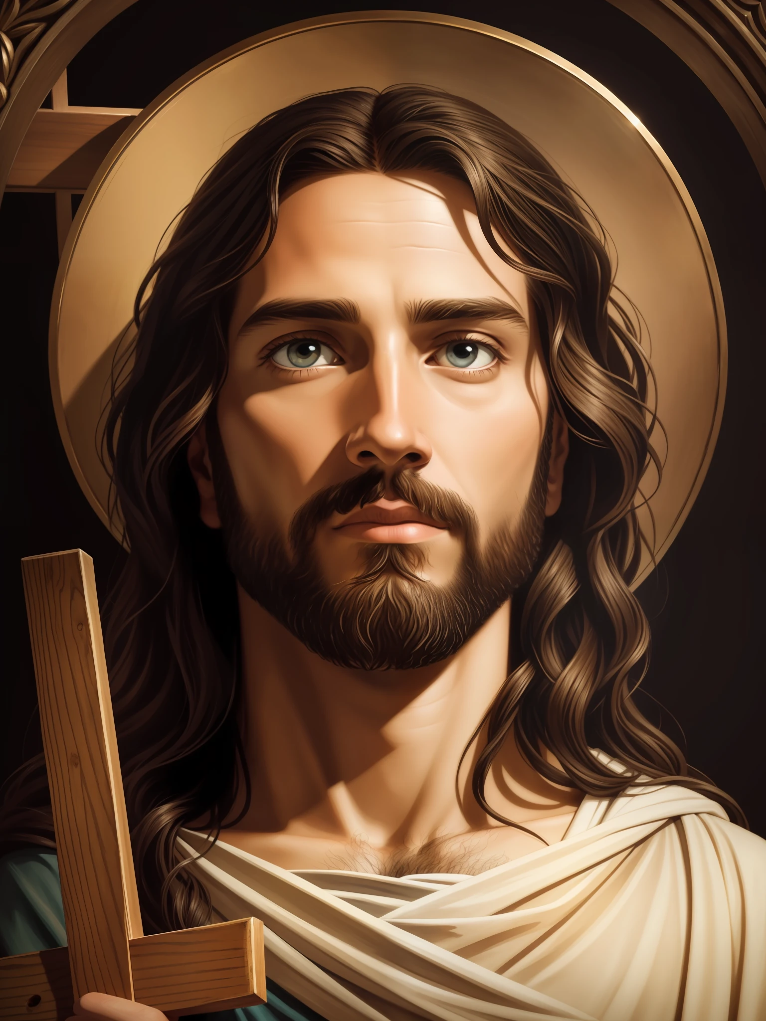 Highly detailed portrait of Jesus looking up to heaven holding a cross ...