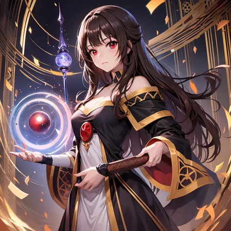 Beautiful woman tall mage with brown hair and red eyes