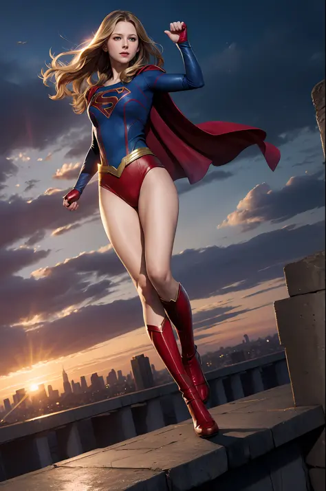 Marvel, Supergirl, played by Melissa Benoist, realistic, dynamic lighting, sexy, full shot, lingerie, show body, exposed chest shape, slender figure, flying, eyes glowing red, broken over the city, (very detailed CG unified 8k wallpaper), trends on ArtStat...