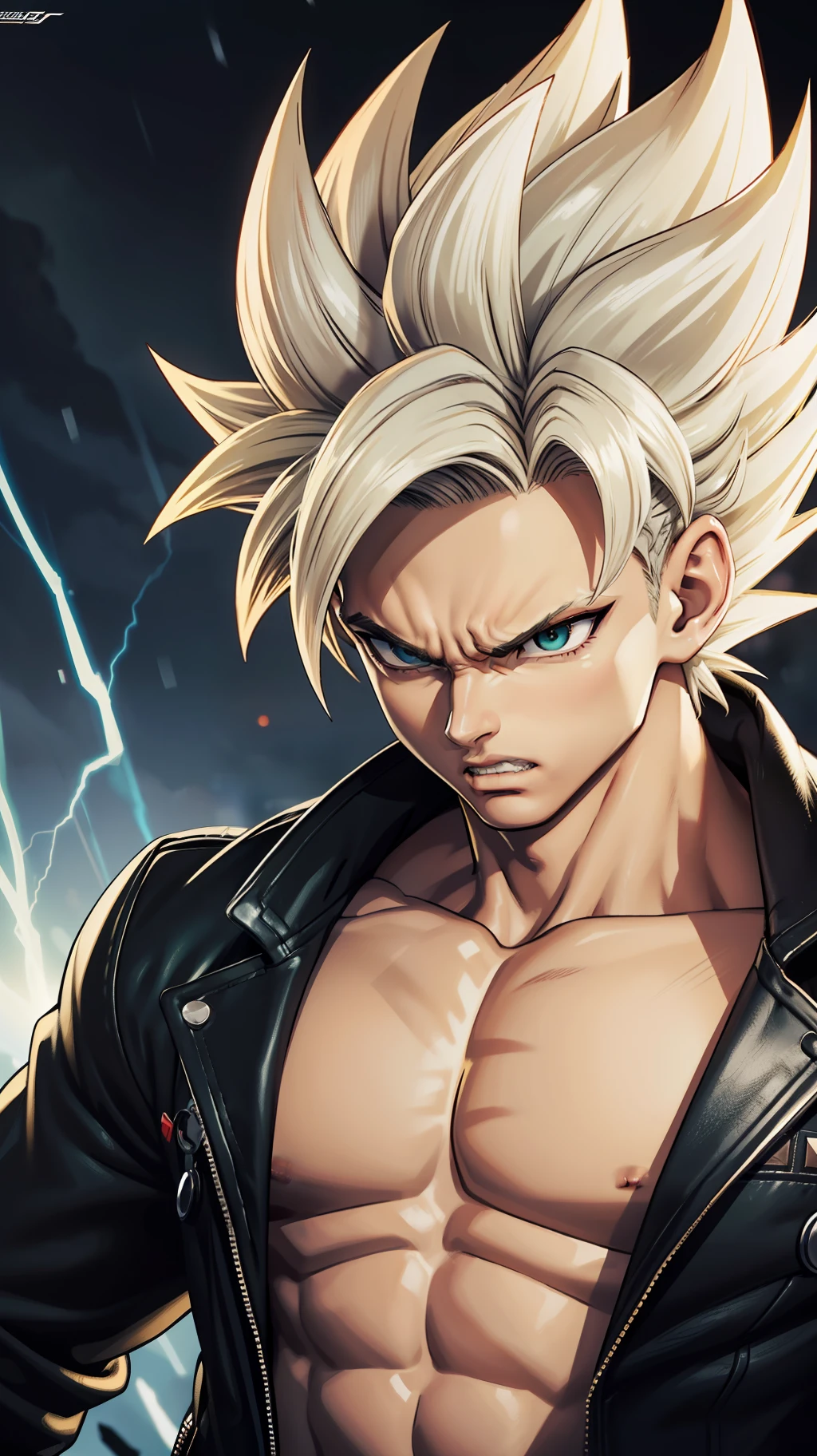 (masterpiece, best quality), intricate details, 8k, artstation, wallpaper, official art, splash art, storm in background, sharp focus, 1boy, (photorealistic:1.2) (bokeh) (detailed skin:1.3) (detailed eyes) son goku, angry, battle damage, blonde hair, black leather jacket, clenched teeth, furious, green eyes, male focus, muscular, pectorals, silver chain, solo, spiked hair, super saiyan 1, teeth, topless male, torn clothes, red bandana,