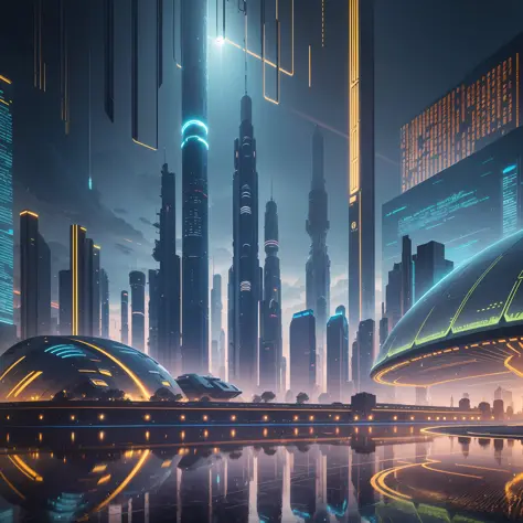 Create an image of  a futuristic world with ultra-technologic elements and over-developed citizens living 1000 years from now, in an ultra realistic landscape, with vibrant colors, 4k, cinematic lighting, natural lighting, vibrant multicoloured lighting, f...