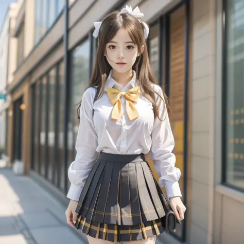 (8K, Best Quality, Masterpiece: 1.2), Realistic, Ultra High Resolution, Intricate Details, 1 Girl, Beautiful Face, JK Suit, White Shirt, Yellow Bow Tie, Yellow Skirt, Plaid Skirt, Pleated Skirt, Upper Body, Standing, Wide Angle Lens, Surreal Schoolgirl, Su...