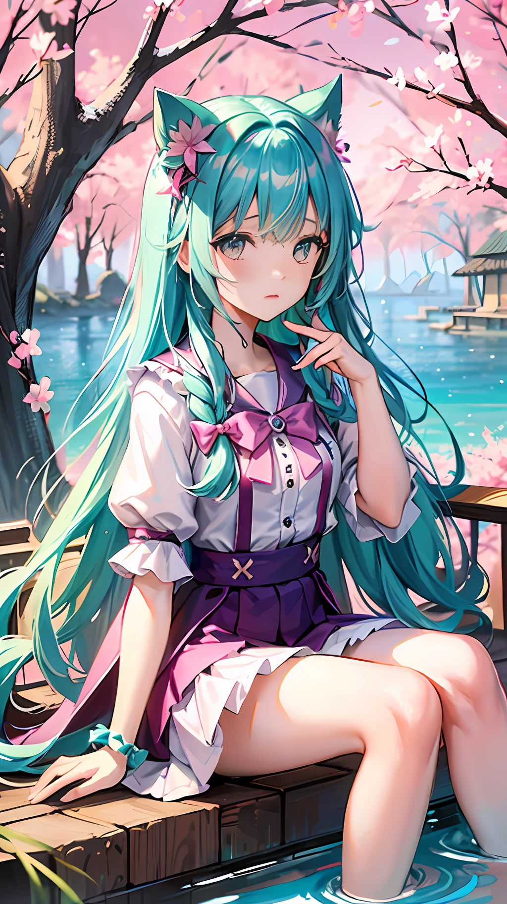 Girl, light pink long hair, half tied hair, cyan bow hair ornament, green eyes, white short sleeved shirt, pale pink skirt, knee-length skirt, white booties, cyan bow decoration, dusk, picture frame background, flower background, pink azalea, dry branch azalea, sitting by the water, all over