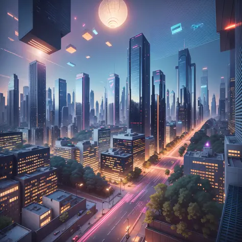 Create a majestic futuristic city with a skyline of bright towers and gleaming skyscrapers, with perfect harmony between nature and technology, with avenues with holographic trees, with bright colors and gleaming foliage, buildings with glass facades that ...