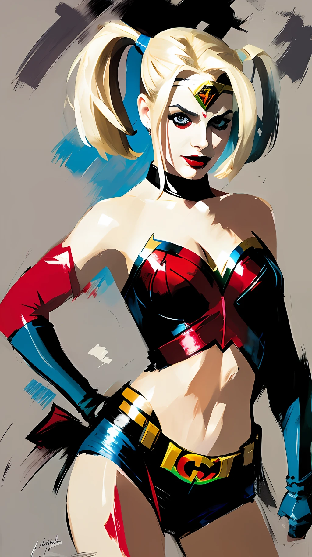 A painting of a woman dressed as a harley with a red and blue outfit -  SeaArt AI