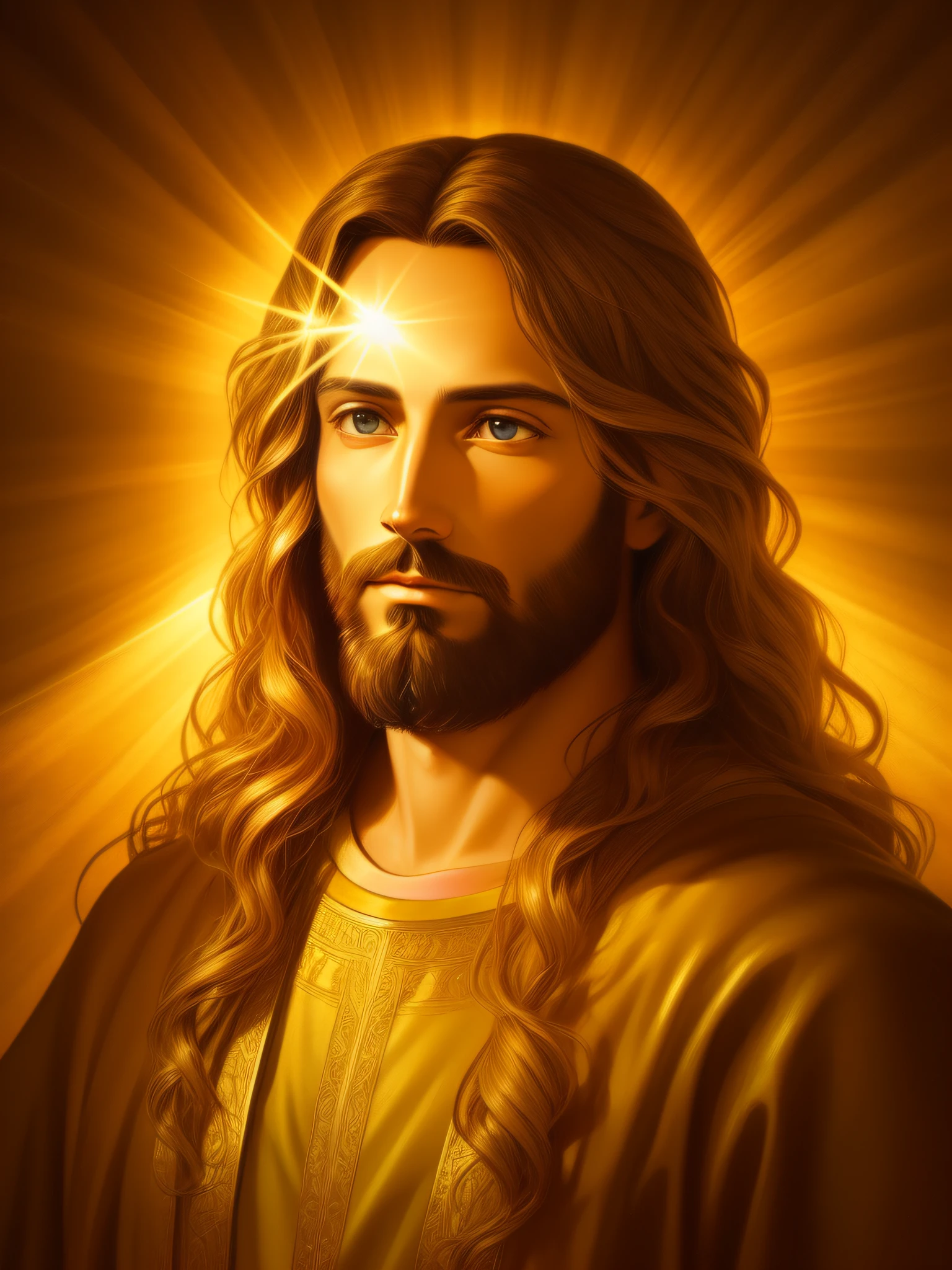 Высокодетализированный портрет Иисуса Христа, золото, божественные лучи, детальная и сложная среда