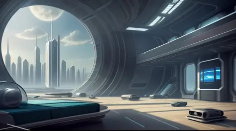 A large room overlooking a futuristic world with ultra-technological elements and overdeveloped citizens living 1000 years from now