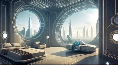 A large room overlooking a futuristic world with ultra-technological elements and overdeveloped citizens living 1000 years from now