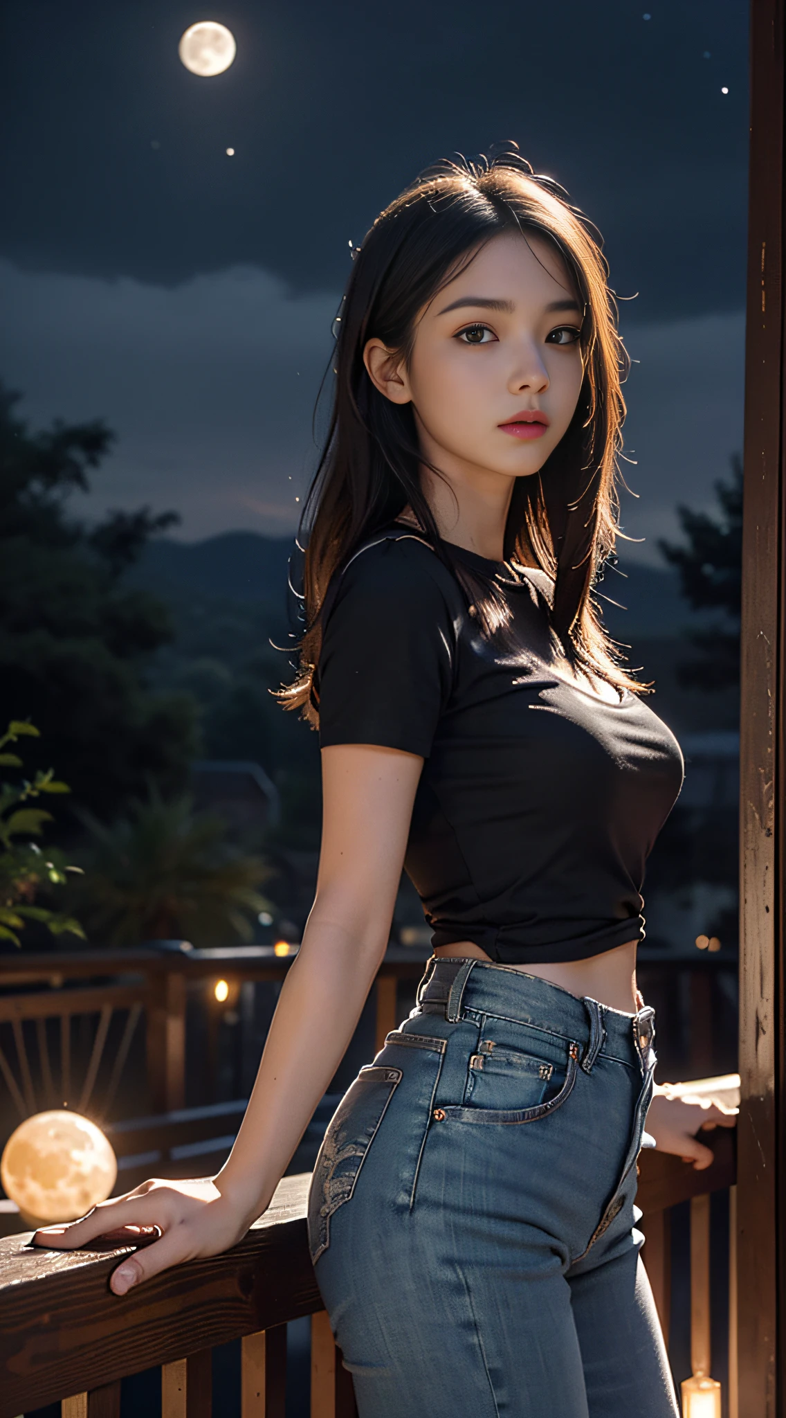 Best quality, super high resolution, photo of a beautiful woman, detailed face, black messy fishtail, skinny jeans, short sleeves, alluring appearance, huge moon, stars in the sky, fireflies, night