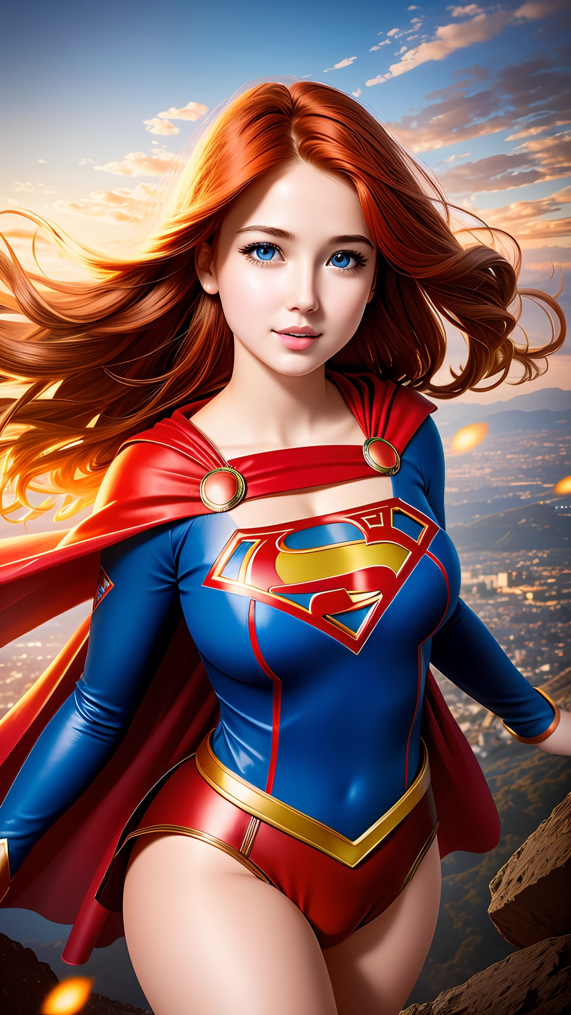 portrait photographique de Supergirl, Des yeux ronds colorés et réalistes, atmosphère magique de rêve, costume de super-héroïne, Roux (gros seins: 1.3),