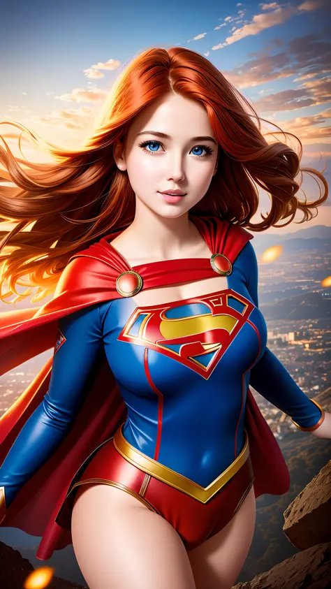 photographic portrait of Supergirl, colorful and realistic round eyes, dreamy magical atmosphere, superheroine costume, redhead ...