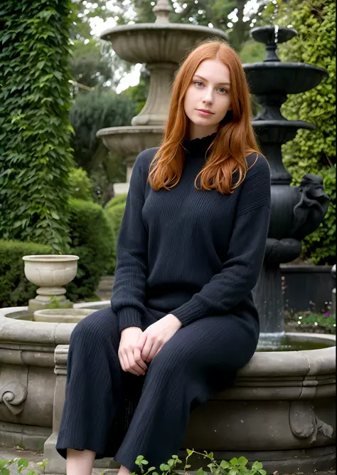 low-angle portrait, red-haired woman in pale ginger, (she is wearing a black dresssweater:1.2), black cat on her lap, (in front ...