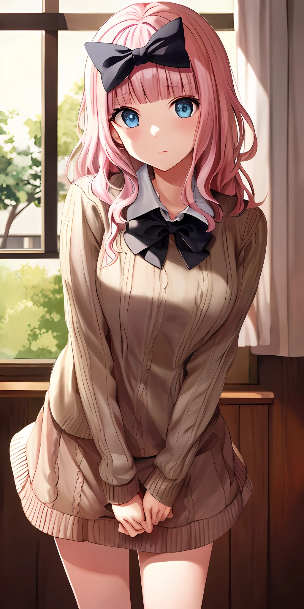 Anime girl with pink hair and a bow tie posing in front of a window -  SeaArt AI