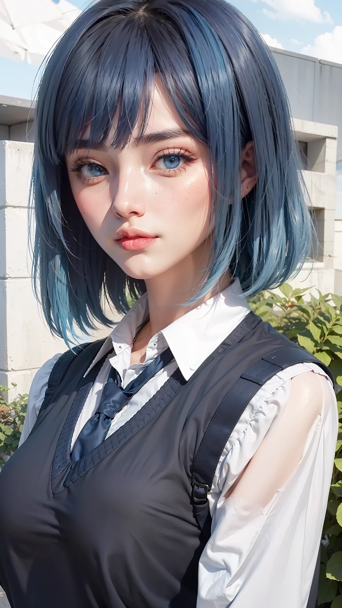 Best quality, masterpiece, big boobs, (large breasts), detailed skin texture, detailed cloth texture, detailed face, super detail, 8k, intricate detail, 1girl, dark blue ombre light blue hair