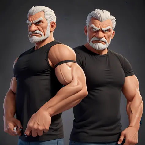Create an 8K cartoon of an angry, well-muscled old man with his arms crossed, well-muscled and full of figures in a black shirt ...