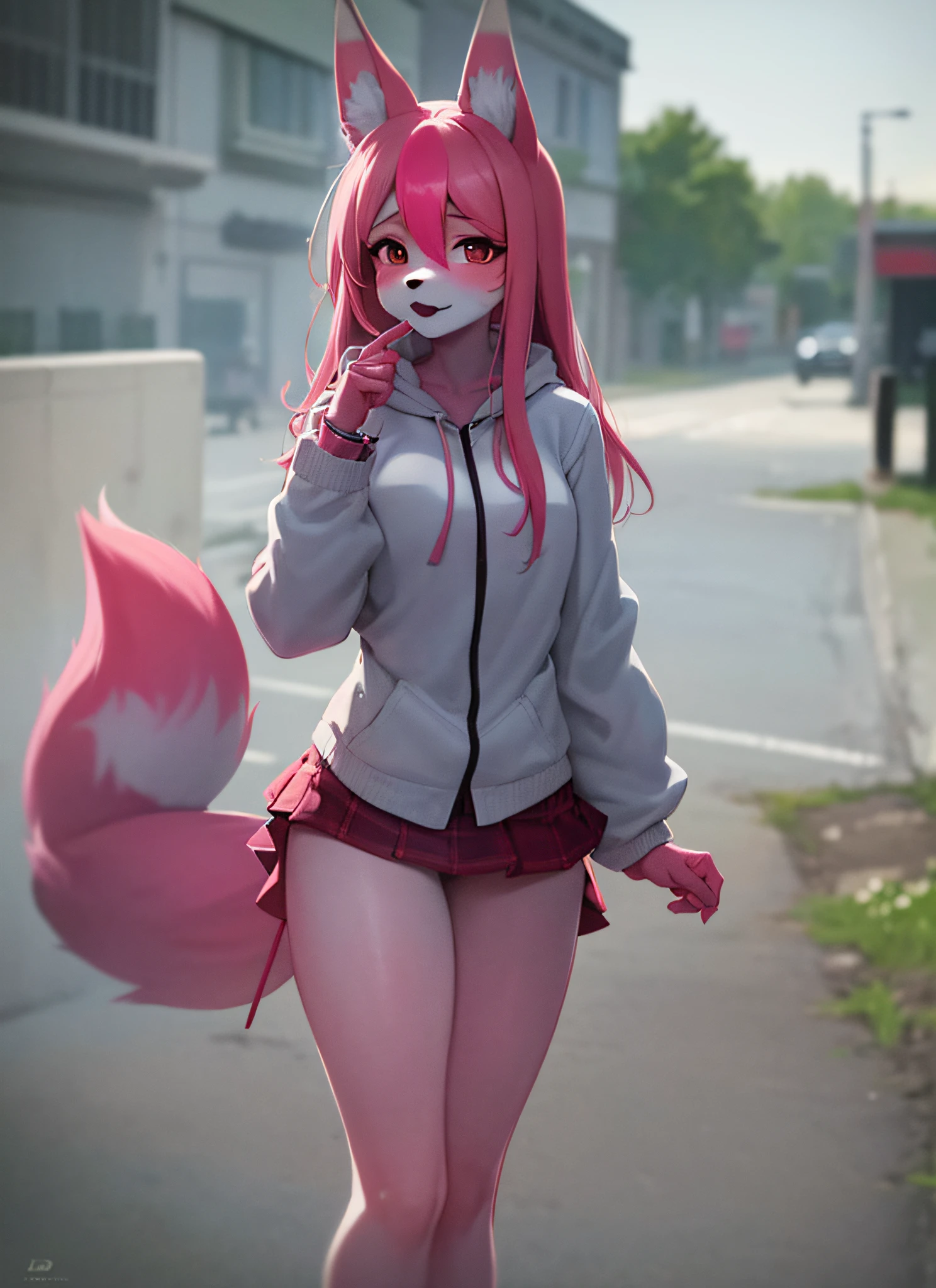 Nazuna Hiwatashi, 1girl, outside, solo, pink hair, body fur, fox ears, fox tail, high res, clothed, furry, sharp focus, colorful, balls_deep, deepthroat