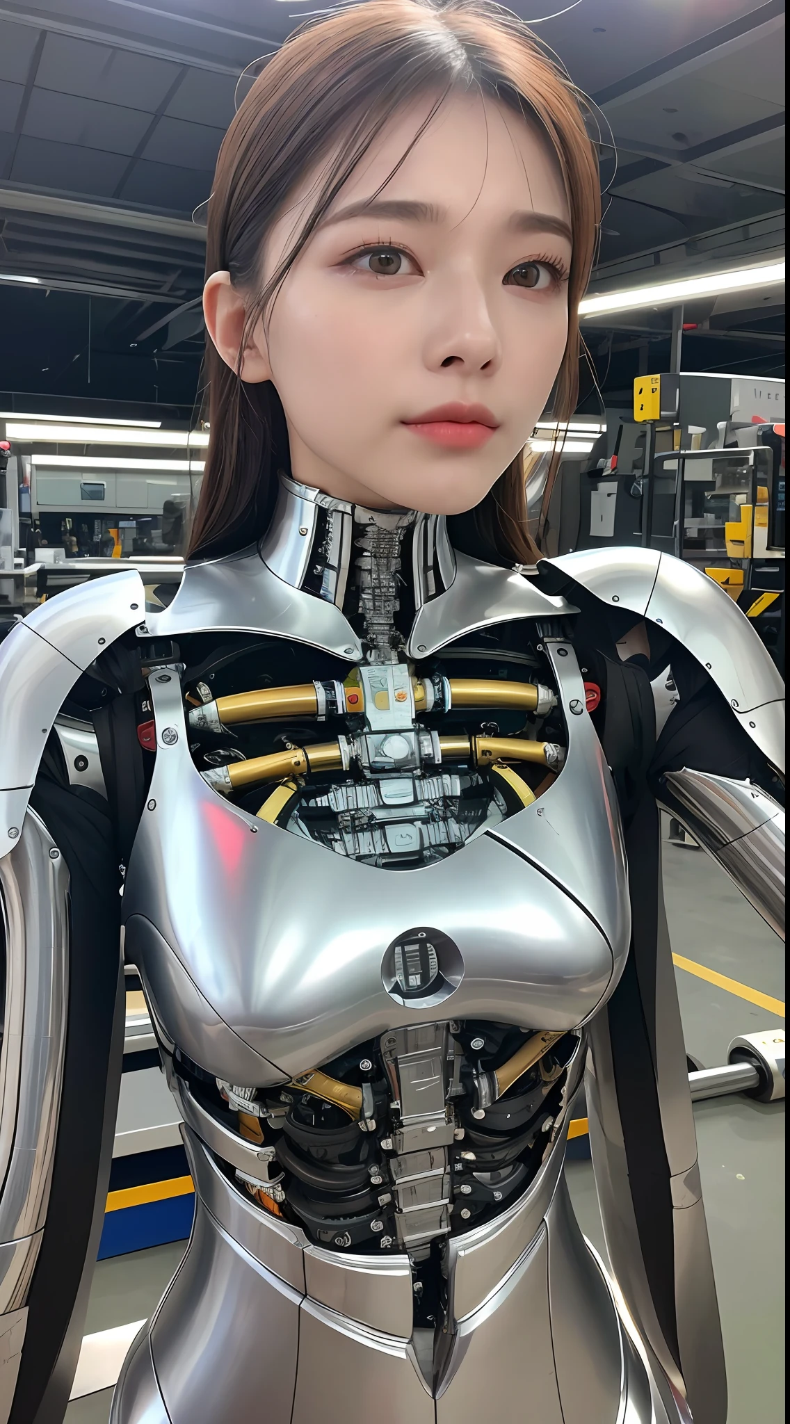 Top quality 8K ultra high definition work, masterpiece: 1.3, sharp focus: 1.2, one robot. The face is a human woman, . Tube through the mouth. The fuselage of a metal machine. Metal tube, countless wiring, spine, heart (natural colors, photo, 8K)