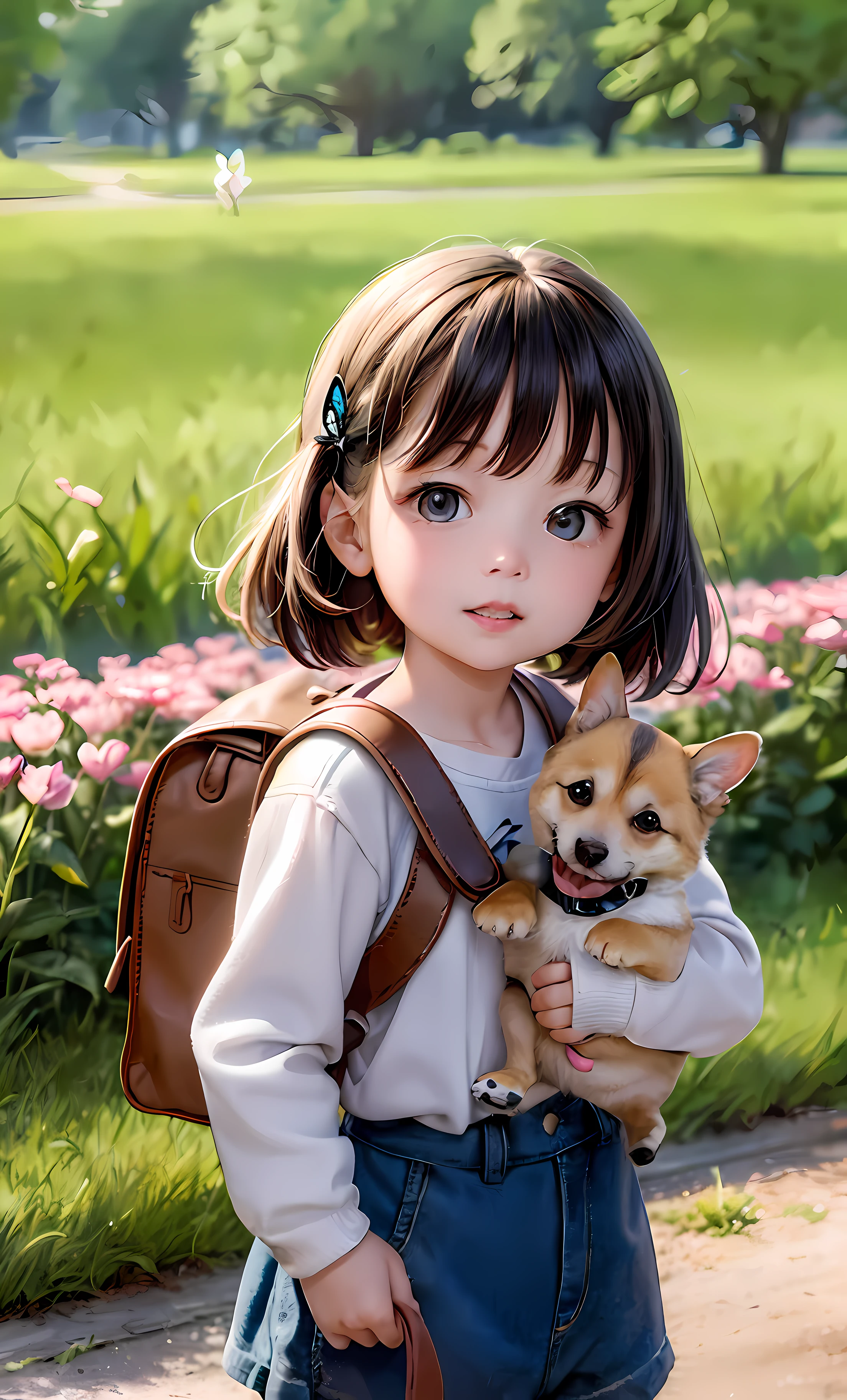 An incredibly charming  carrying a backpack, playing with her adorable puppy, enjoying a beautiful spring walk in the park, gorgeous pink flowers and natural landscapes. The illustration is in high definition in 4k resolution, with highly detailed facial features and cartoon-style visuals, (Butterfly Dance)