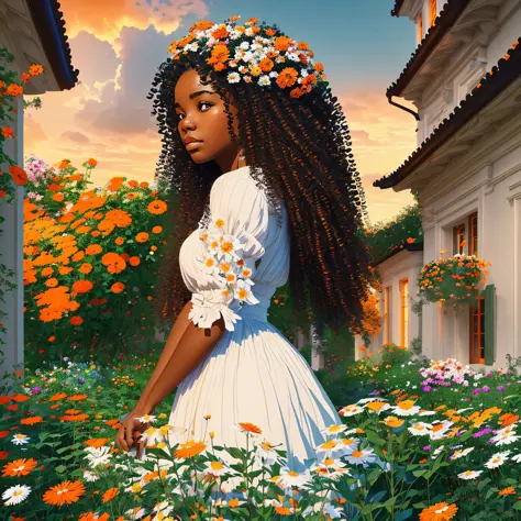 (detailed description) (best quality) 1 black girl with long curly hair, profile, turned sideways, in a garden of a mansion, whi...