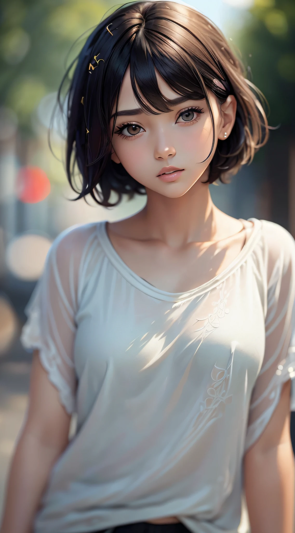 (Masterpiece), (high quality), (ultra detailed), (short hair), (illustration), (1girl), (casual clothes), standing, model, looking at the viewer, (photo essay), (blurred background), beautiful detailed eyes, beautiful and delicate face, black skin, floating, (low saturation), (bright), focus on facial expression, black hair, side bangs, --auto --s2
