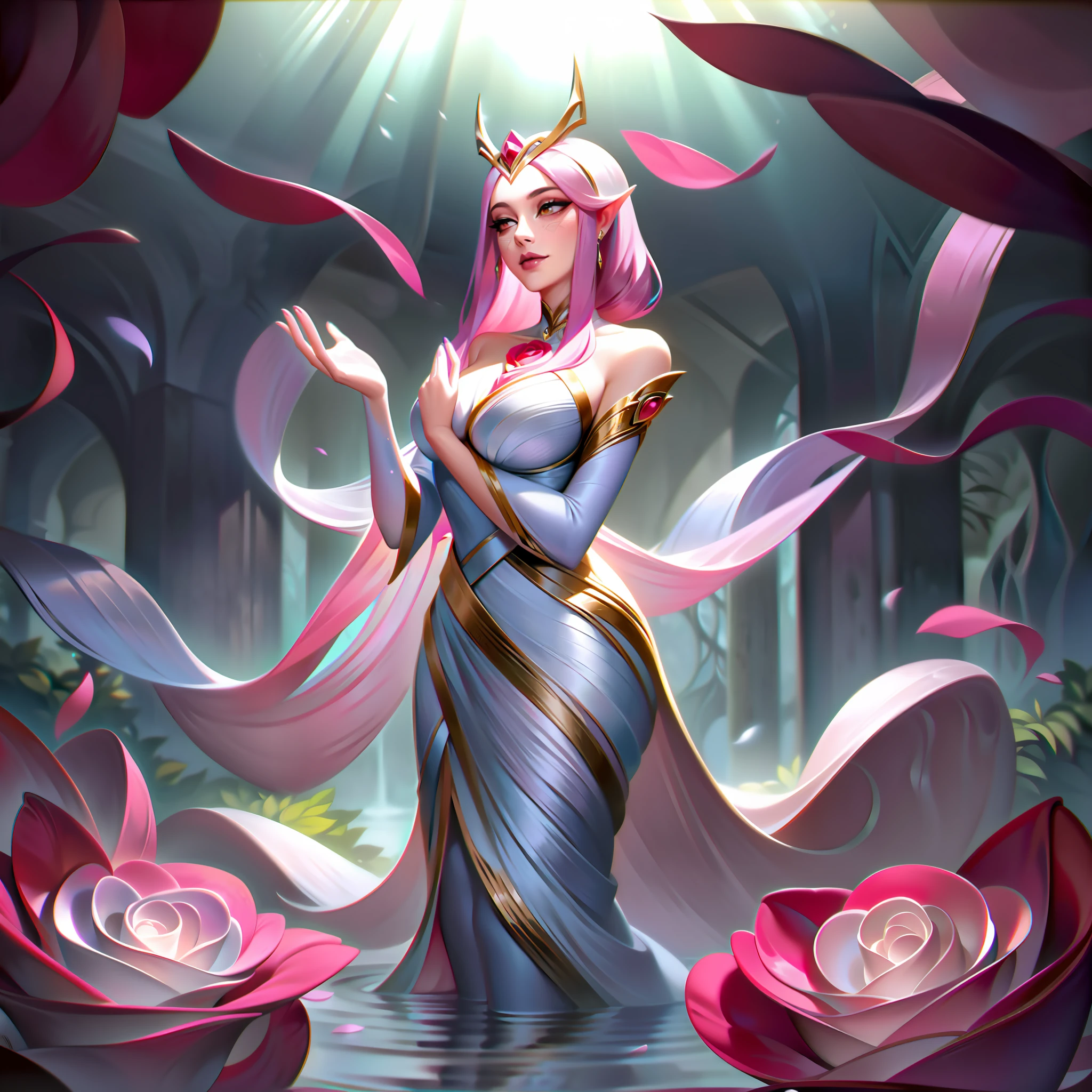 Nyleema, l'Enchanteresse de l'Eau de Rose, is depicted in their Splashart as an alluring and enchanting human mage, avec une profonde connexion à l'essence de l'eau de rose. La scène se déroule dans un jardin serein, où la beauté délicate des fleurs d'eau de rose imprègne l'air.

Nyleema se tient avec grâce, rayonnant une aura d'élégance et de mystère. Sa présence est captivante, avec des cheveux flottants ornés de pétales de roses et un regard qui porte à la fois la sagesse et l'attrait. Ses yeux brillent d'une douce teinte rose, reflétant son affinité pour les propriétés enchanteresses de l'eau de rose.

Dans leur main tendue, Nyleema fait apparaître un délicat tourbillon d'eau de rose, créant un spectacle éthéré et enchanteur. L'eau danse autour d'elle, prenant la forme de motifs floraux complexes et fascinants. Le parfum des roses imprègne la scène, ajouter à l&#39;expérience sensorielle.

La tenue de Nyleema est un mélange de teintes douces, reflétant les pétales délicats d'une rose. Ses robes flottantes portent des motifs et des dessins rappelant des fleurs en fleurs, accentuant sa connexion au monde naturel. Des pétales de roses ornent leurs manches et leurs ornements, incarnant l'essence enchanteresse de l'eau de rose.

The backdrop of the Splashart is a serene garden filled with lush rose bushes in full bloom. Les couleurs vibrantes des roses créent une composition visuellement captivante, avec des pétales qui tombent doucement au sol. La douce lumière du soleil filtre à travers le feuillage, propageant une lueur chaleureuse et enchanteresse sur Nyleema.

La palette de couleurs est dominée par des nuances de rose et des tons pastel, évoquant la beauté délicate de l'eau de rose. Le jeu d&#39;ombre et de lumière ajoute de la profondeur et de la dimension, créant une composition visuellement fascinante qui attire le spectateur dans le monde enchanteur de Nyleema, Splashart, lignes du corps, couleurs vives, Détails exquis, cinématographique, Station artistique, visage détaillé, par rossdraws, par Kienan Lafferty