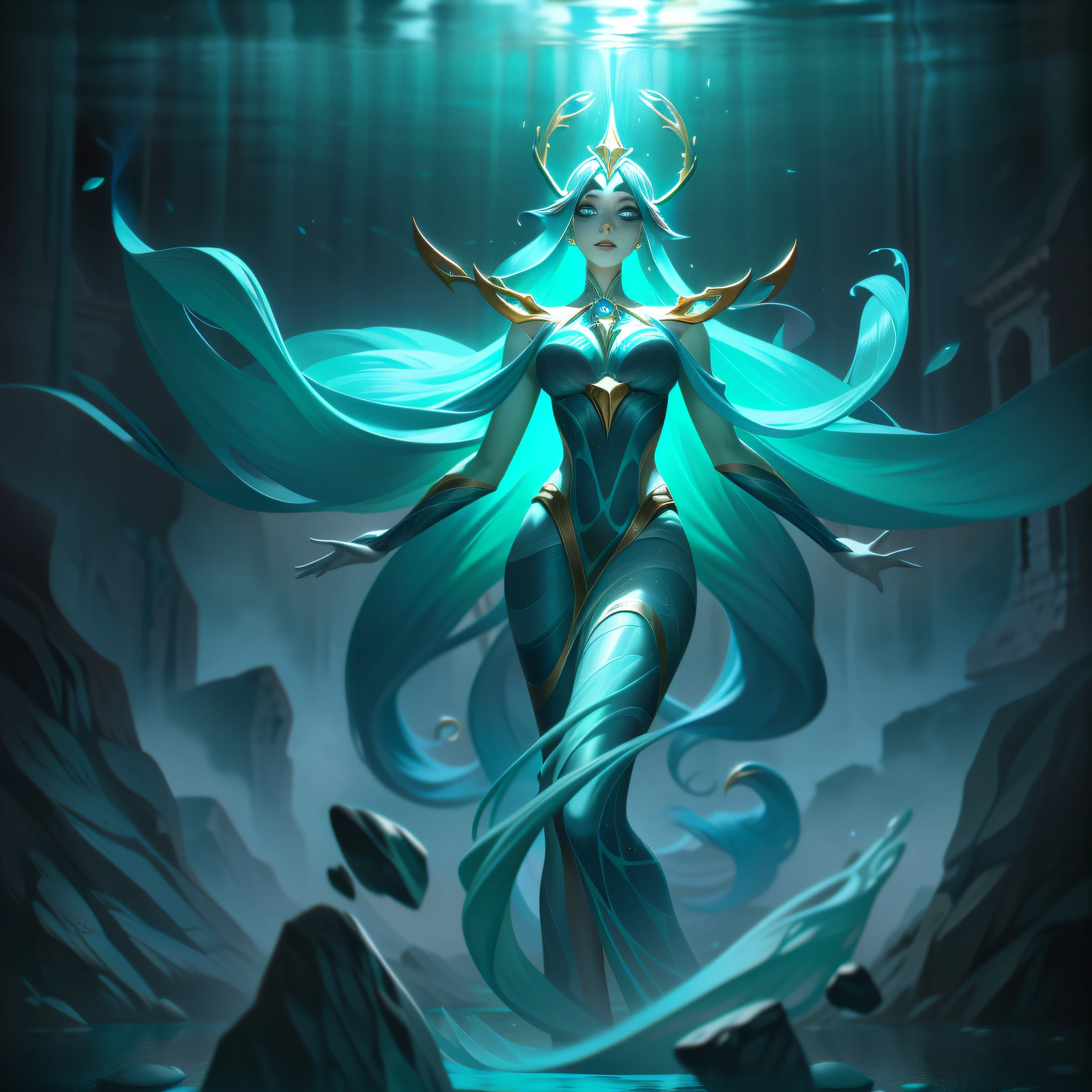 Karlette, l&#39;Aquamancien, is depicted in their Splashart as a powerful and captivating human mage, manier les forces élémentaires de l’eau. La scène se déroule dans un paysage mystique et éthéré, où la beauté et la puissance brute de l&#39;eau se rencontrent.

Karlette stands tall and confident, dégageant un air de maîtrise de leurs pouvoirs élémentaires. Ils sont représentés comme une figure élégante et enchanteresse, avec de longs cheveux flottants qui scintillent de teintes irisées rappelant les cascades. Leurs yeux brillent d&#39;un bleu profond, reflétant la profondeur de leur lien avec la magie de l&#39;eau.

Dans leurs mains tendues, Karlette conjures a swirling cascade of water, former des formes complexes et envoûtantes. L&#39;eau semble vivante, twisting and turning under Karlette's control, symbolisant leur maîtrise de cette force élémentaire. L&#39;eau tombe en cascade vers le bas, créant un affichage fascinant de fluidité et de puissance.

Karlette's attire is adorned with intricate patterns and symbols that represent the flow and movement of water. Leurs robes fluides sont un mélange de bleus profonds et de tons aqua chatoyants., reflétant la beauté sereine d&#39;une mer tranquille. Des ornements rappelant des coquillages et des coraux accentuent leur lien avec le monde aquatique.

The backdrop of the Splashart features a breathtaking landscape, un mélange de cascades magiques, et brume mystique. Les cascades tombent des imposantes falaises, leur précipitation créant un sentiment à la fois de tranquillité et de puissance brute. The mist swirls around Karlette, ajouter une qualité éthérée et surnaturelle à la scène.

La palette de couleurs est dominée par des bleus riches et des tons aqua vibrants, représentant les différentes nuances de l&#39;eau. Le jeu d&#39;ombre et de lumière ajoute de la profondeur et de la dimension, creating a visually captivating composition that draws the viewer's attention to Karlette's mastery over water, Splashart, lignes du corps, couleurs vives, Détails exquis, cinématographique, Station artistique, visage détaillé, par rossdraws, par Kienan Lafferty