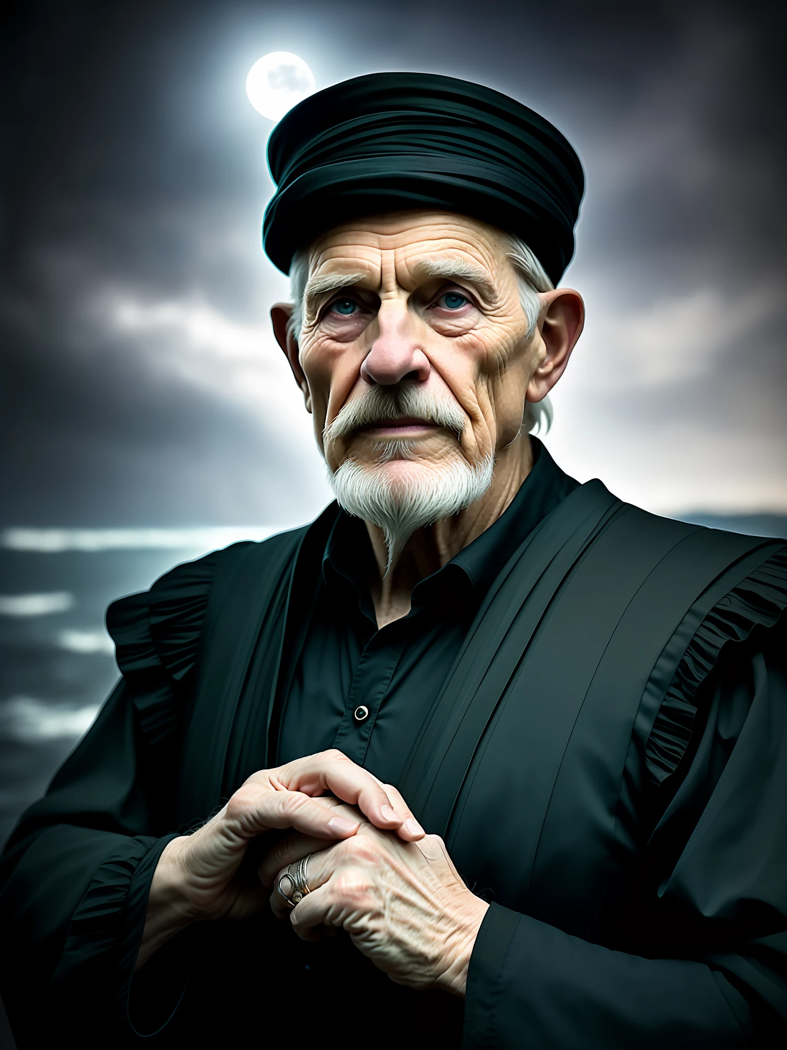 Award-winning portrait photo of the upper body of an old sorcerer, wearing black tunic, black eyes, (bokeh:0.7), sidelit, (wrinkled face clean in detail:0.7), telephoto, moonlight, torches, atmosphere, ocean night exterior, realistic, intricate details, true aged skin texture