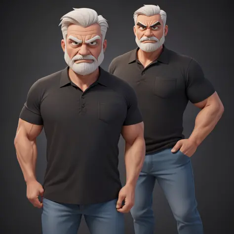 Create an 8K cartoon of an angry, full-body, well-muscled old man in a black and white shirt. Make sure the resulting image has ...