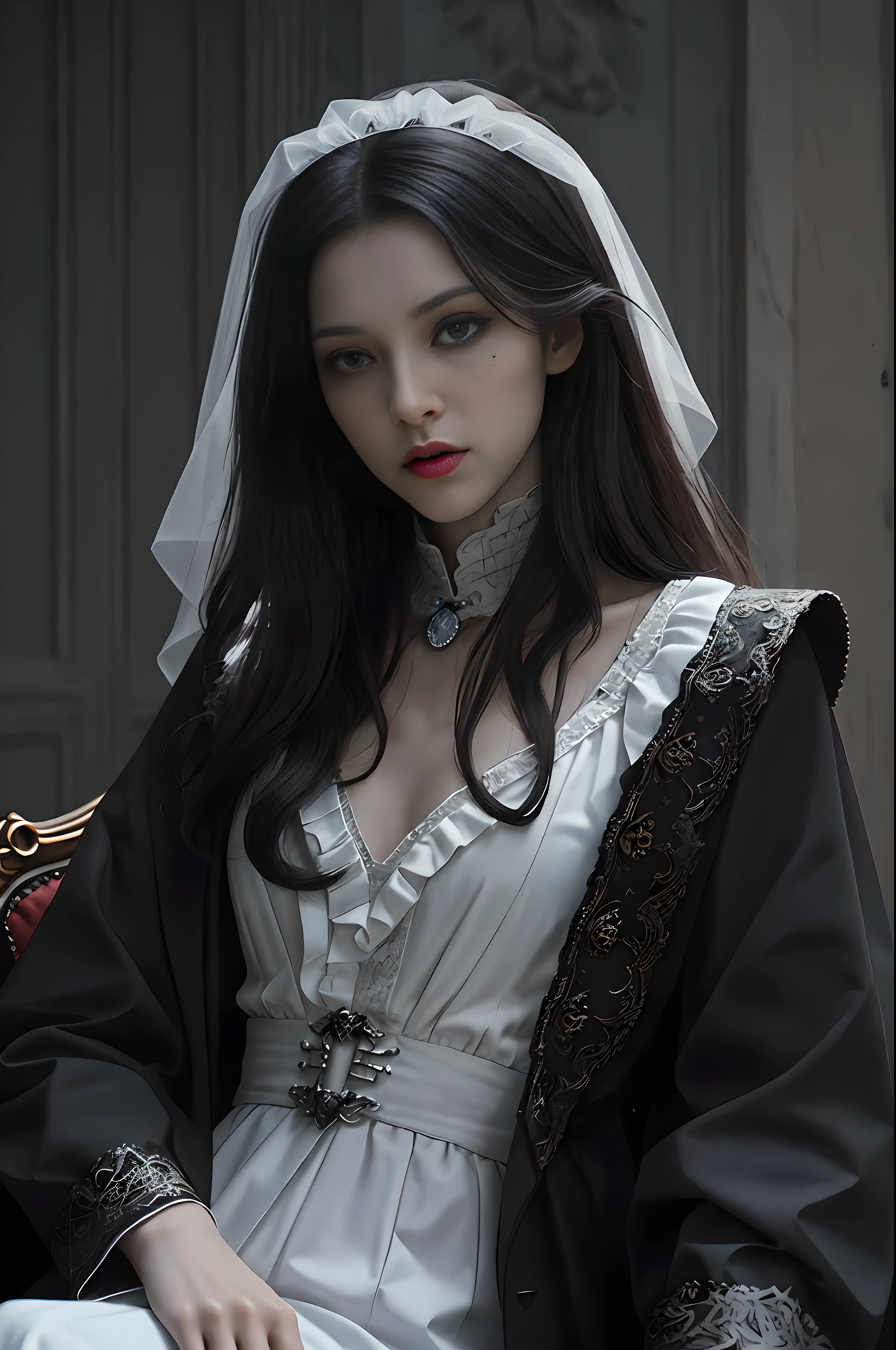 Dracula pays tribute to realistic, half-body professional photos, dark fantasy, highly detailed scary vampire woman Dracula, long black hair, wearing a white blood coat and a high-necked ruffle shirt, sitting on a bone chair with sharp corners, blood-covered marble floor, intricate details and sharpness, ((incredibly detailed face, incredibly detailed skin, incredibly detailed eyes)), ((detailed facial features)), (covered by a skull), (lying on his back in a skull pit), (Depth of field: 0.8), ((Sharp focus: 1.4)), Epic ambient light, very dark lighting, extremely detailed eyes and face, detailed background, 8K resolution, Film, (Bram Stoker)