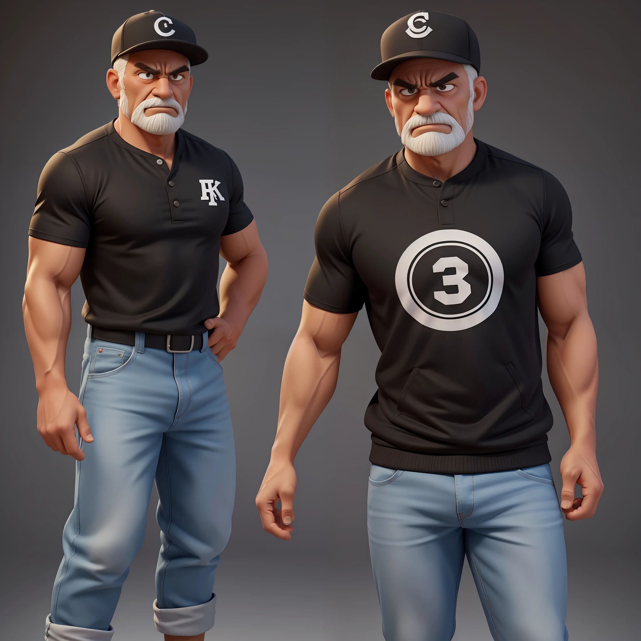 Créer une 3D, Dessin animé 8K d'un vieil homme en colère, tout le corps, musclé avec une veste de joueur de baseball et une casquette sur la tête. Assurez-vous que l&#39;image résultante a un aspect caricatural, avec des couleurs vives et des bords lisses. Ajoutez des détails pour donner au vieil homme un regard en colère, comme des sourcils froncés et une bouche serrée. Assurez-vous que la chemise noire rayée de blanc est un élément important de l&#39;image, et ajoutez des détails pour le rendre attrayant et intéressant. Ajoutez des textures et des détails pour rendre l&#39;image plus réaliste, comme l&#39;apparence de la texture de la chemise et l&#39;apparence de la peau. Assurez-vous que l&#39;image résultante est en haute résolution, Qualité 8k." —c 10 —ar 2