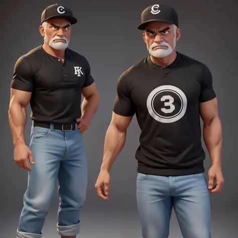 Create a 3d, 8K cartoon of an angry, full-body, well-muscled old man with a baseball player's jacket and a cap on his head. Make...