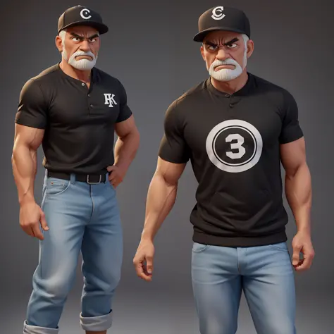 create a 3d, 8k cartoon of an angry, full-body, well-muscled old man with a baseball player's jacket and a cap on his head. make...