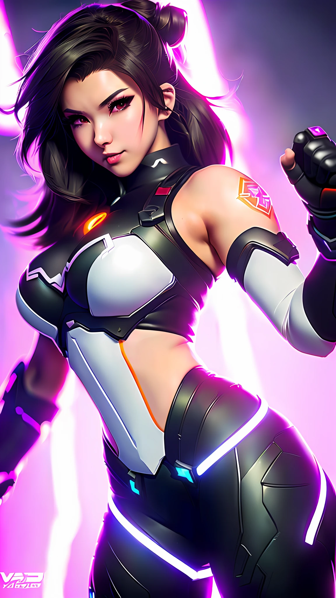 D.va from Overwatch, sexy, fanart, fighting pose, amazing detail, color grading, (glowing haze)++ (soft glow)+ digital art render, anime, pixar style, by rossdraws, wlop, ilya kuvshinov, 8k