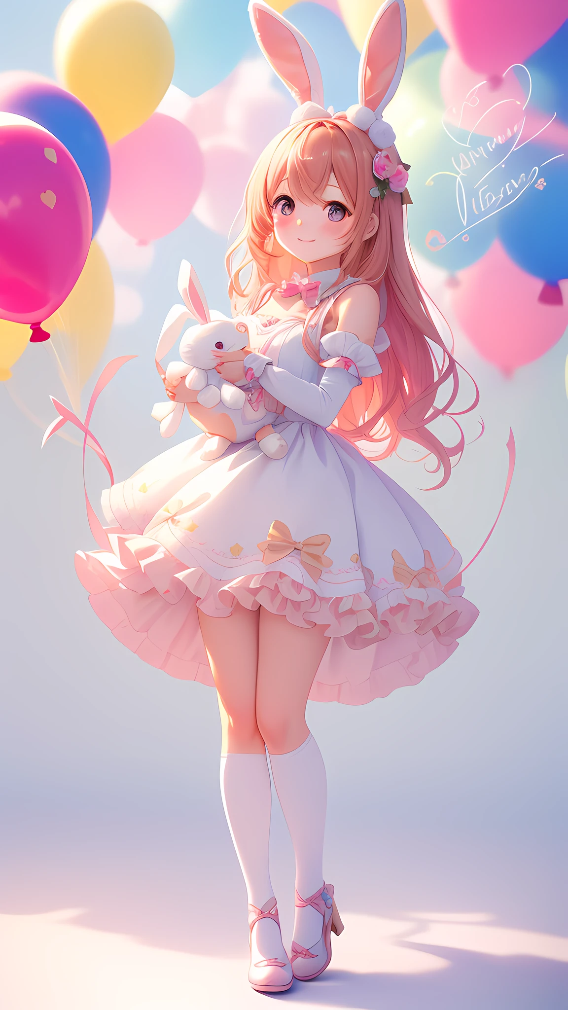 Bunny morphing cute girl, fluffy, soft ((best quality)), ((masterpiece)), ( extreme detail, highest detail, official art, beauty and aesthetics: 1.2), depth of field, composition, full body, (beautiful and detailed eyes: 1.3), (very happy: 1), colorful little balloon blur background