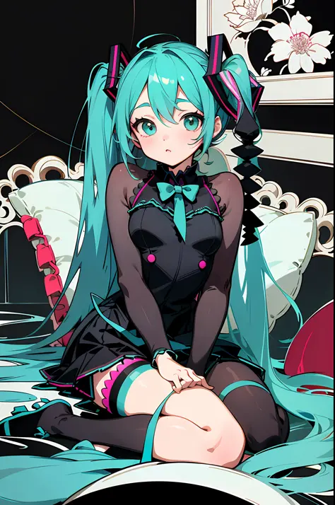 anime girl sitting on a bed with a pillow and a pillow, perfect lineart, thick black lineart, portrait of hatsune miku, hatsune miku portrait, loli in dress, extremely fine ink lineart, clean lineart, thick lineart, beautiful line art, hatsune miku, small ...